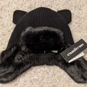 Karl Lagerfeld Black Faux Fur Cat Ears Trapper Hat